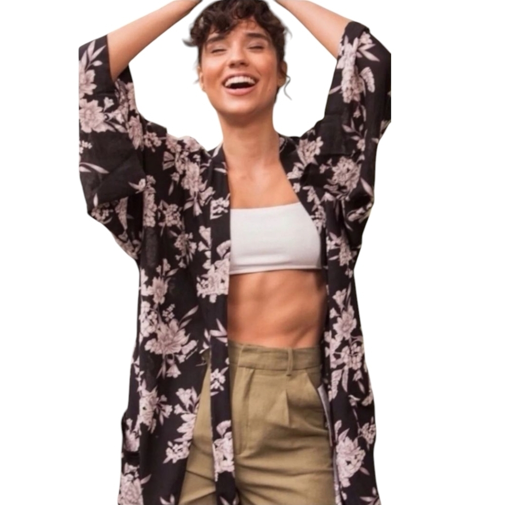 Spiritual Gangster Maya Tie Front Kimono Cover Up Black Floral OS